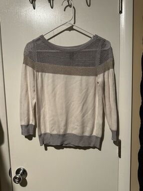 White House Black Market Cream Sweater with Gray Mesh Yoke